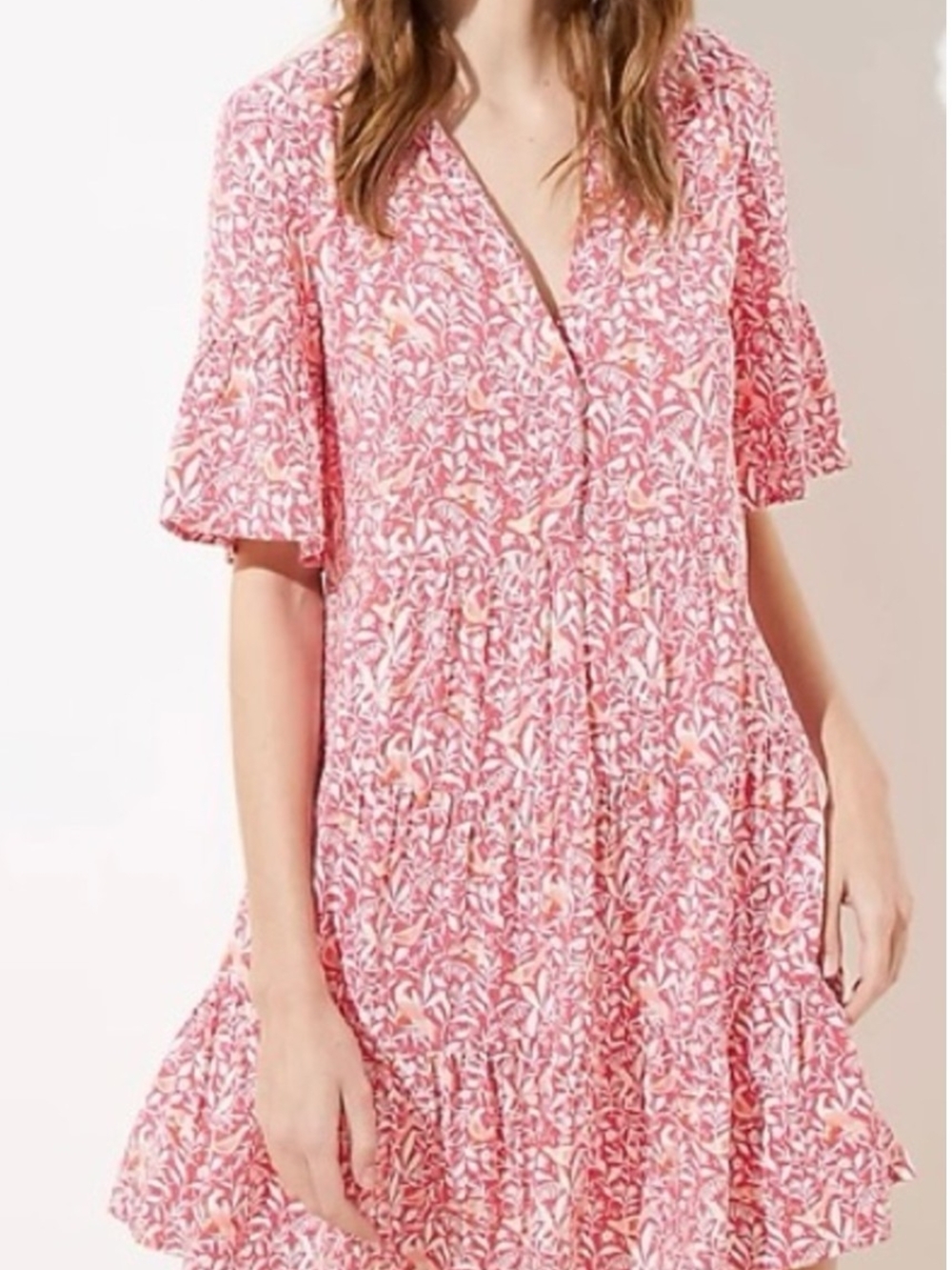 LOFT Pink Floral V-Neck Tiered Mini Dress